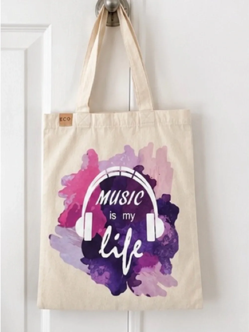 Canvas Tote Bag with Pink & Purple Music Design